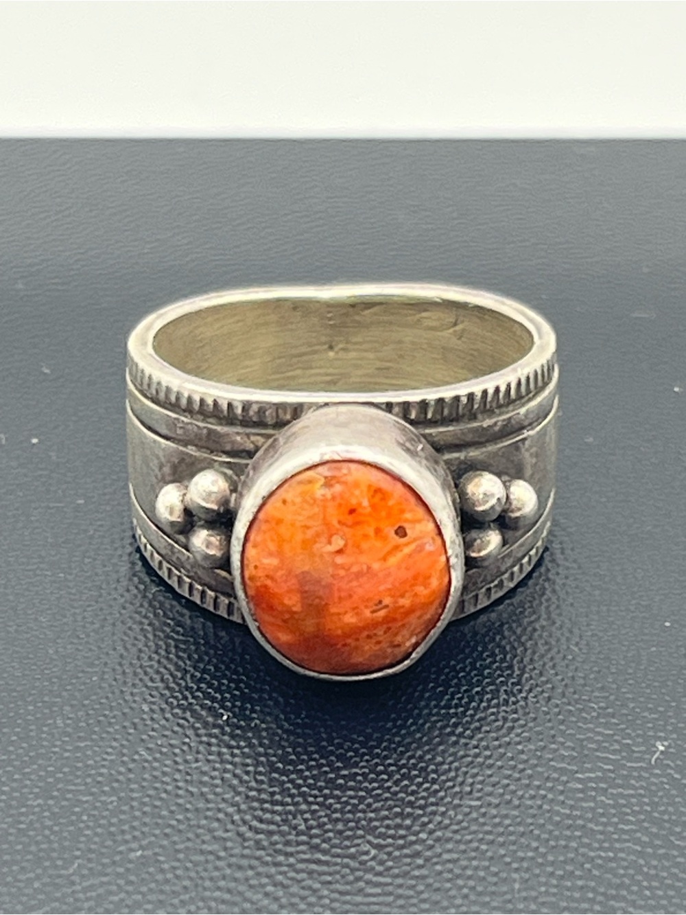 Native American Cortiz corn stalk sterling silver orange cabochon ring size 7.5 - Picture 8 of 15
